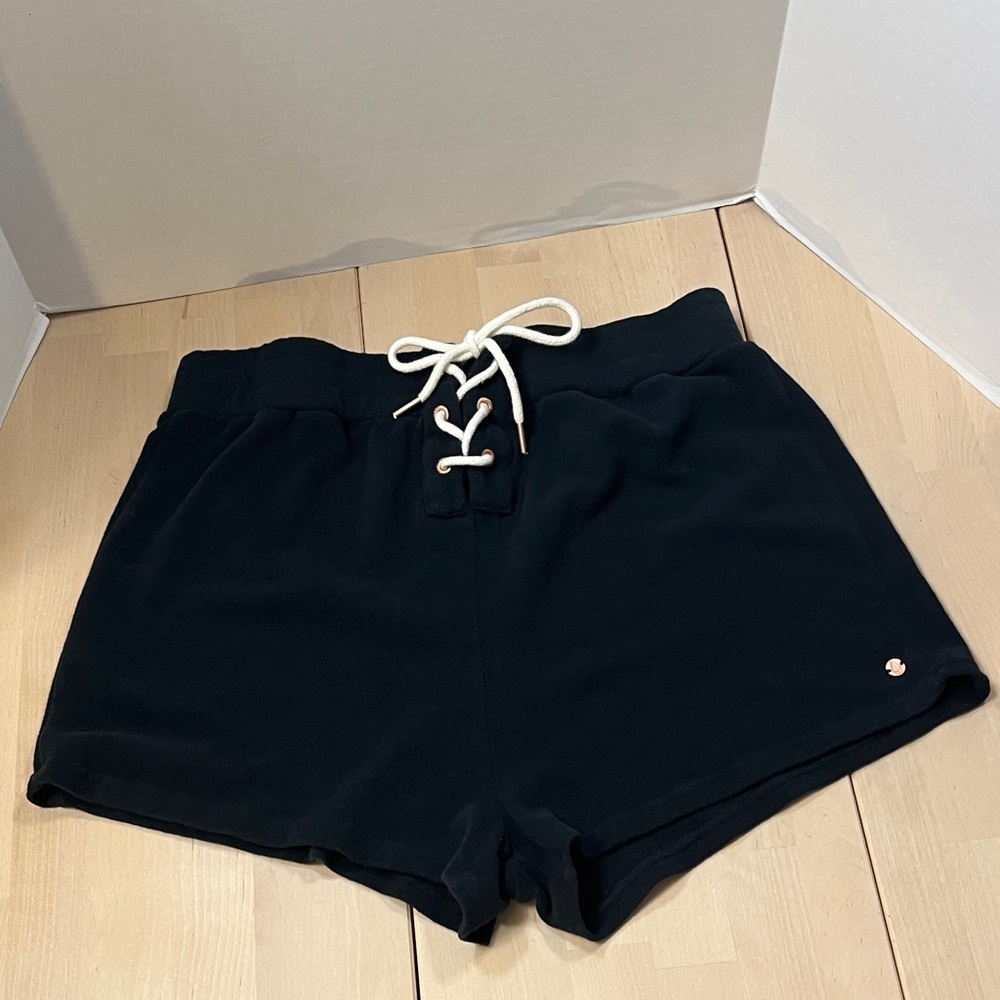 VOLCOM Lived in Lounge Black Fleece Elastic Waist Shorts Tie Front Women’s Lg